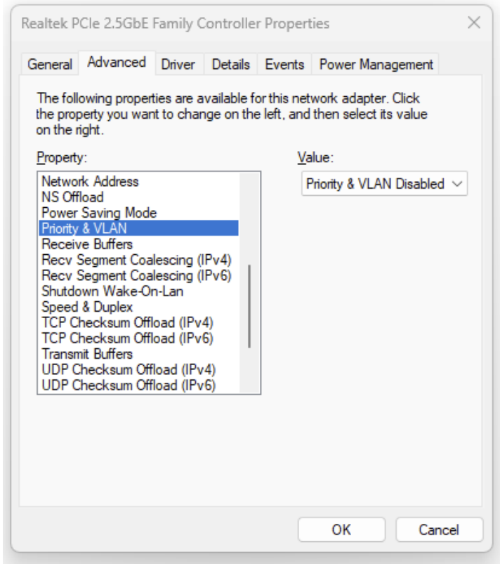 Network adapter properties showing Priority & VLAN setting