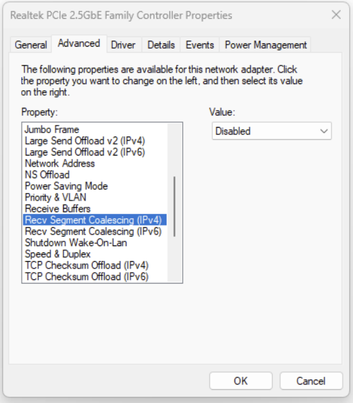 Network adapter properties showing Recv. Segment Coalescing options