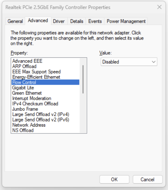 Network adapter properties showing Flow Control and other settings