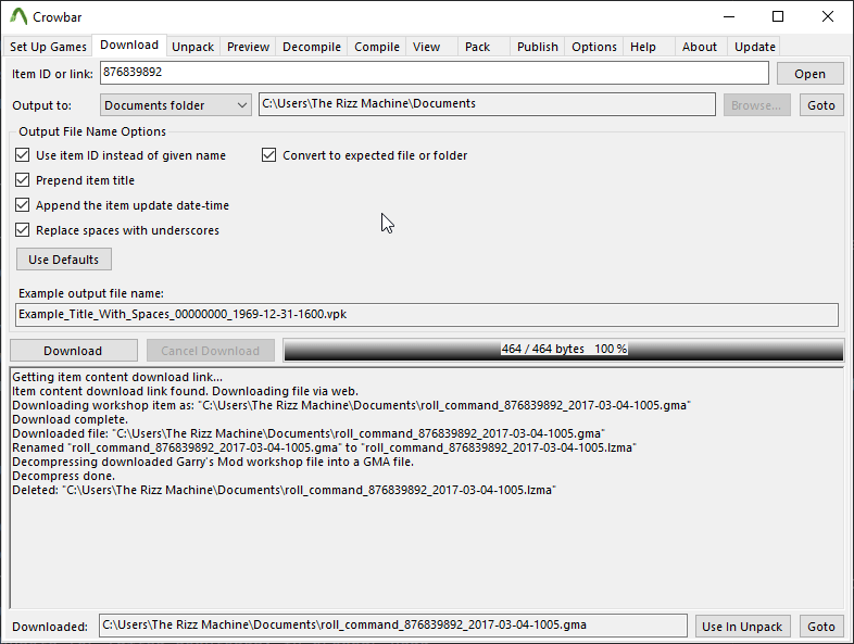 Using crowbar to download and unpack a Garry's Mod addon
