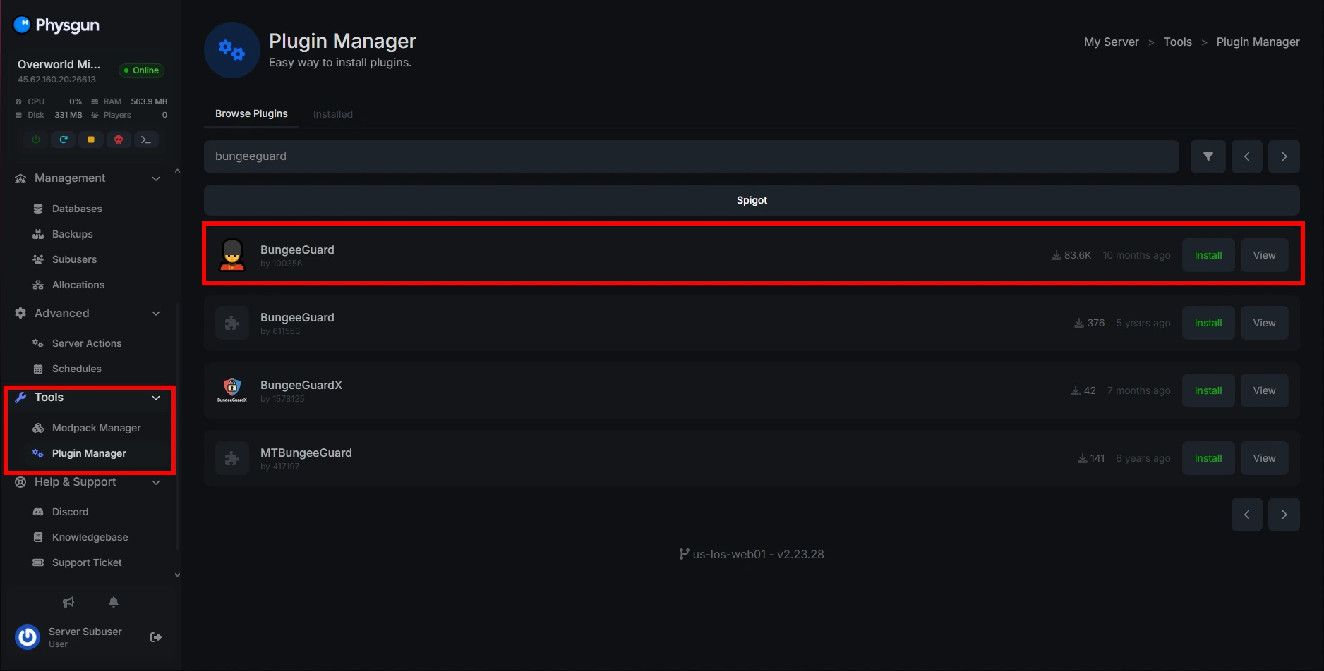 Installing BungeeGuard via the Physgun plugin manager