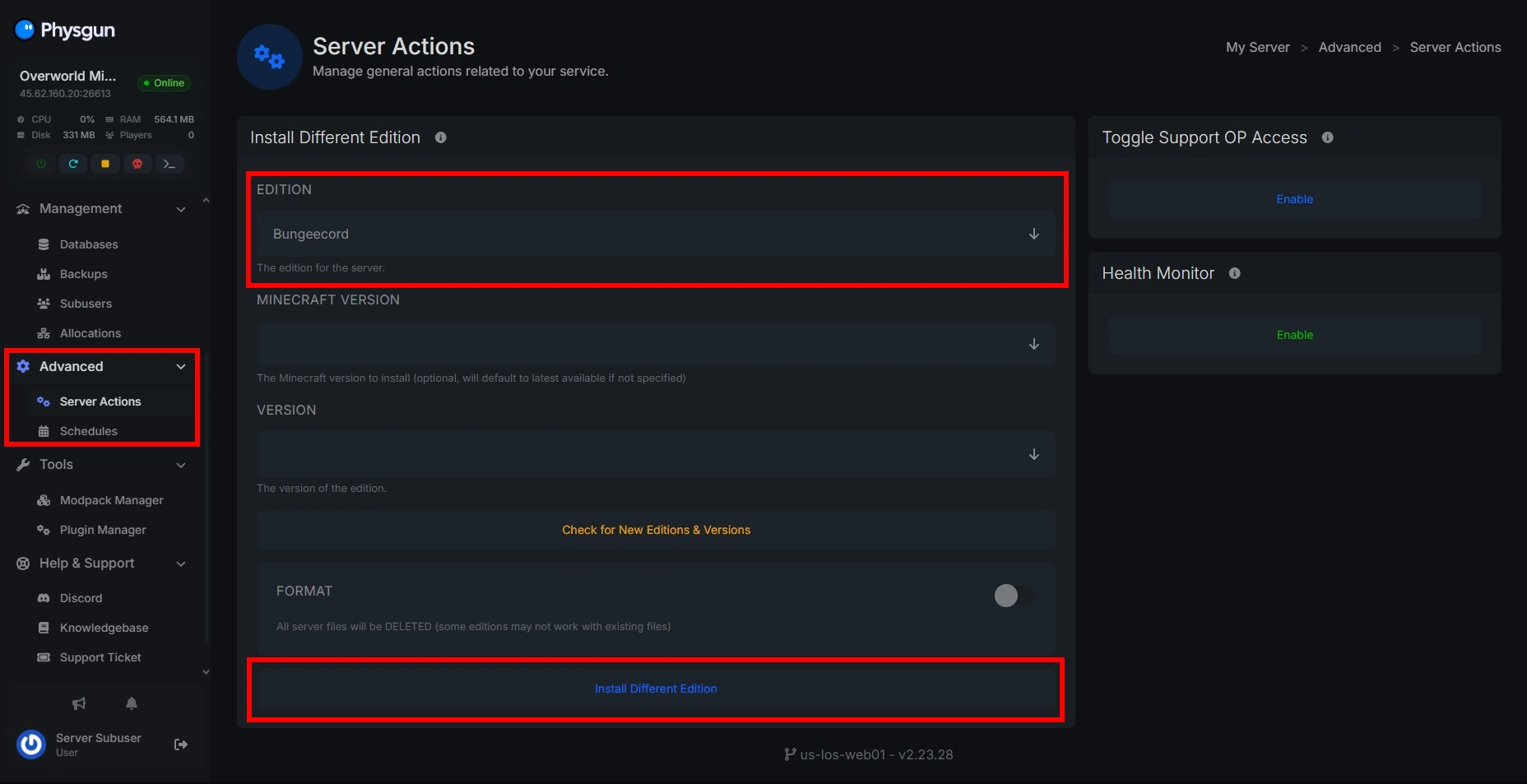 Installing BungeeCord via the Physgun panel