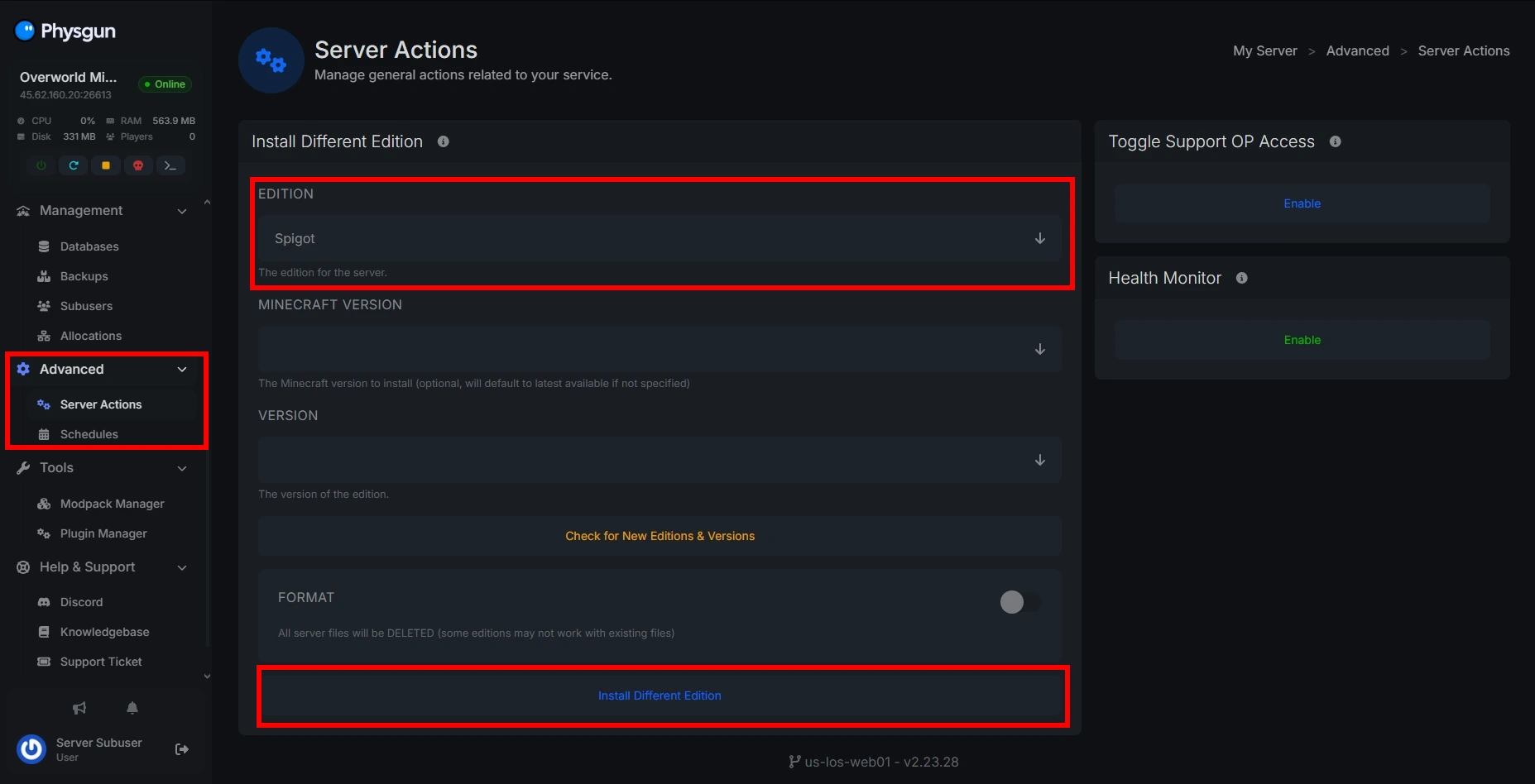 Installing Spigot via the Physgun panel