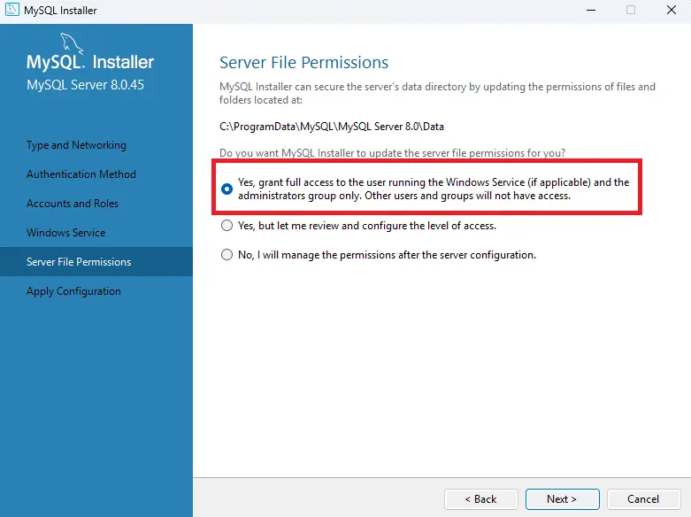 MySQL installer permissions step