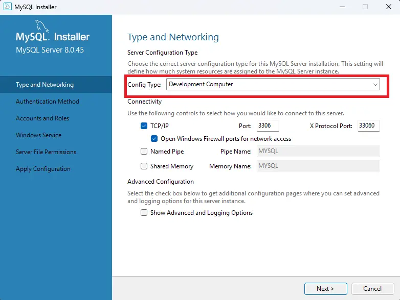 MySQL Config type selection