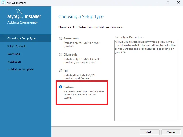 Selecting Custom setup type in MySQL installer