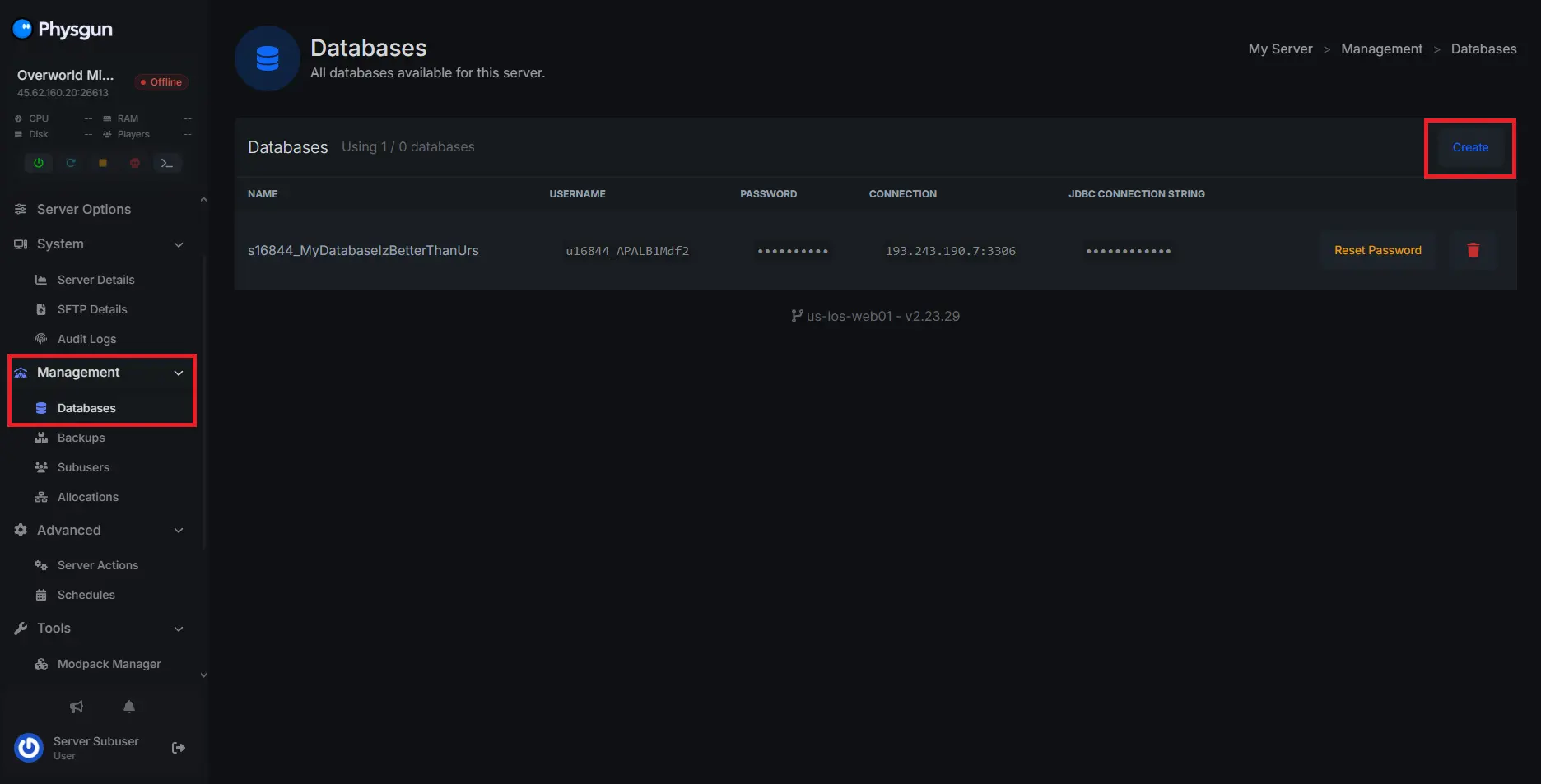 Creating a MySQL database in the Physgun panel