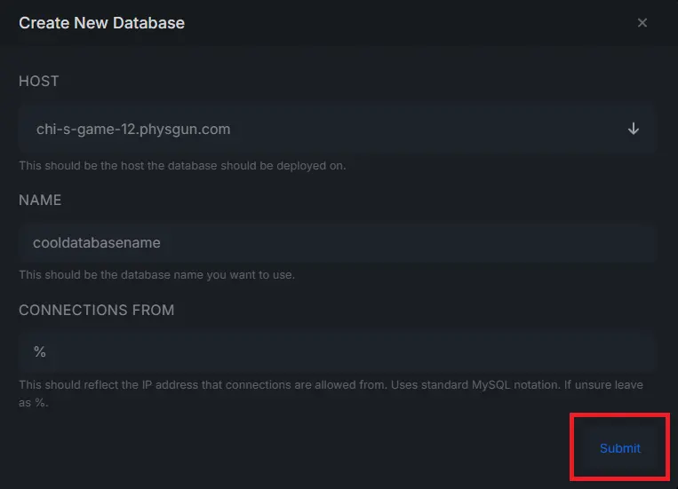 MySQL database successfully created in the Physgun panel
