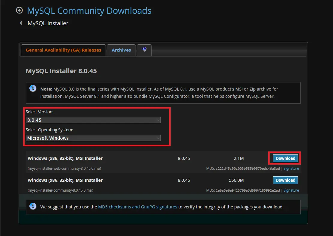 MySQL installer download page