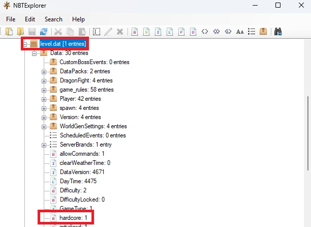 level.dat hardcore tag set to 1 in NBTExplorer