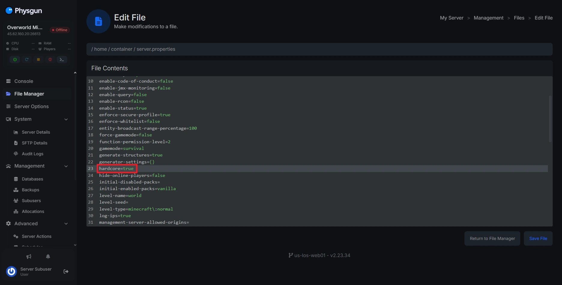 server.properties with hardcore set to true