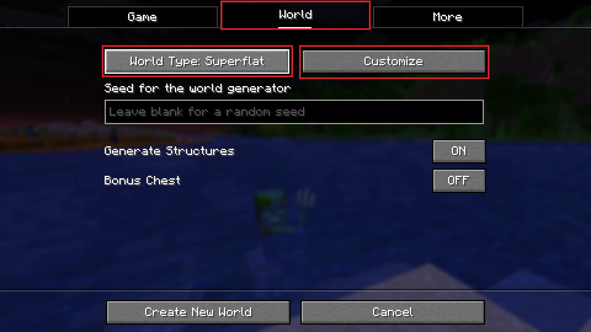 Create world screen with World tab selected
