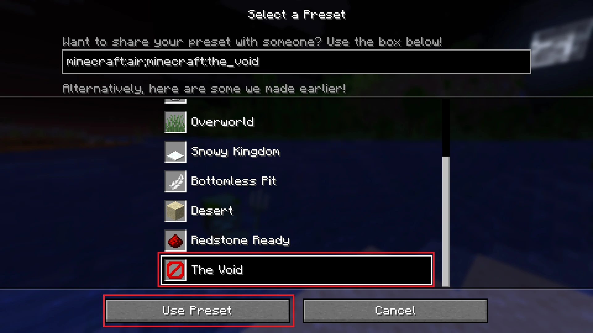 The Void preset selected in Superflat settings