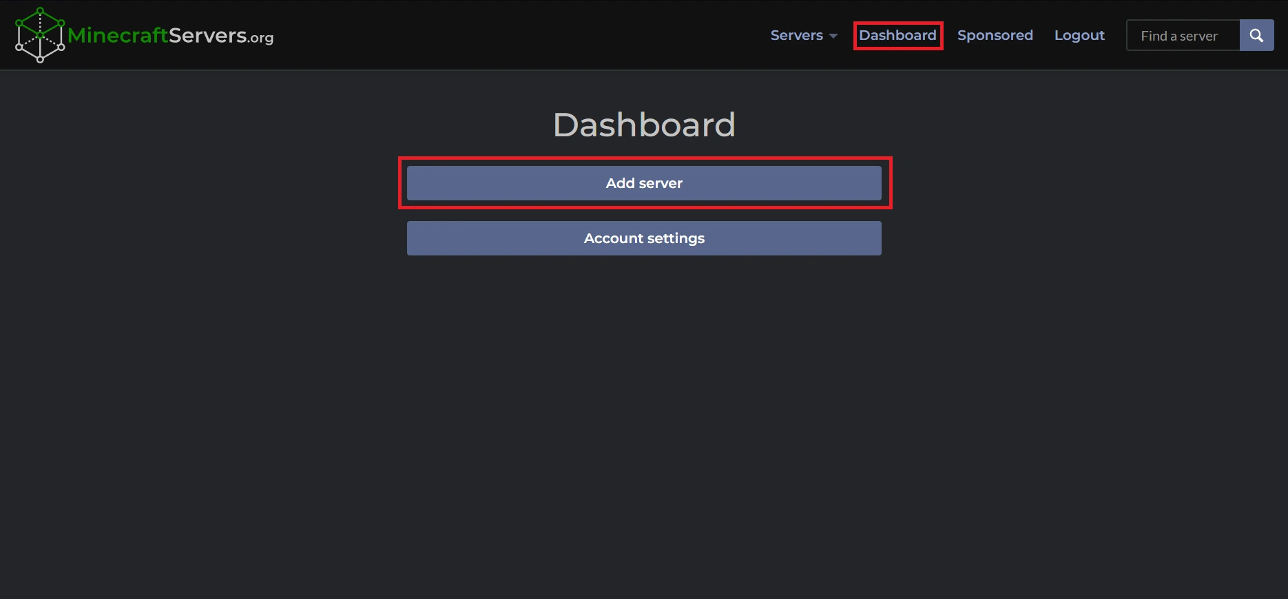Add Server button on MinecraftServers.org dashboard