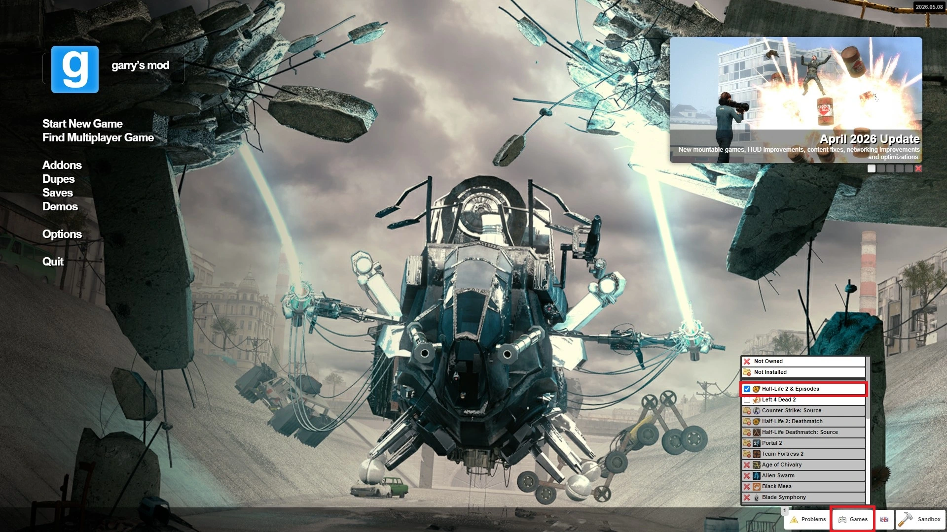 GMod Main Menu Mounting