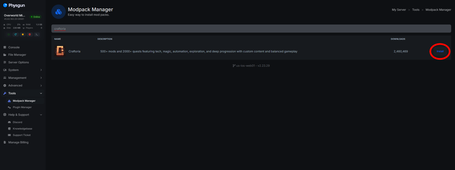 Craftoria installed via the Physgun Modpack Manager