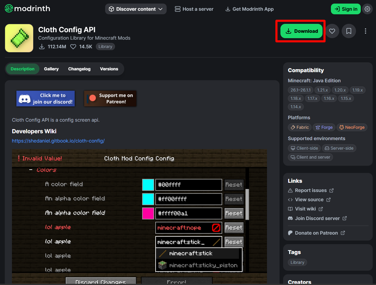 Downloading the correct Cloth Config API version