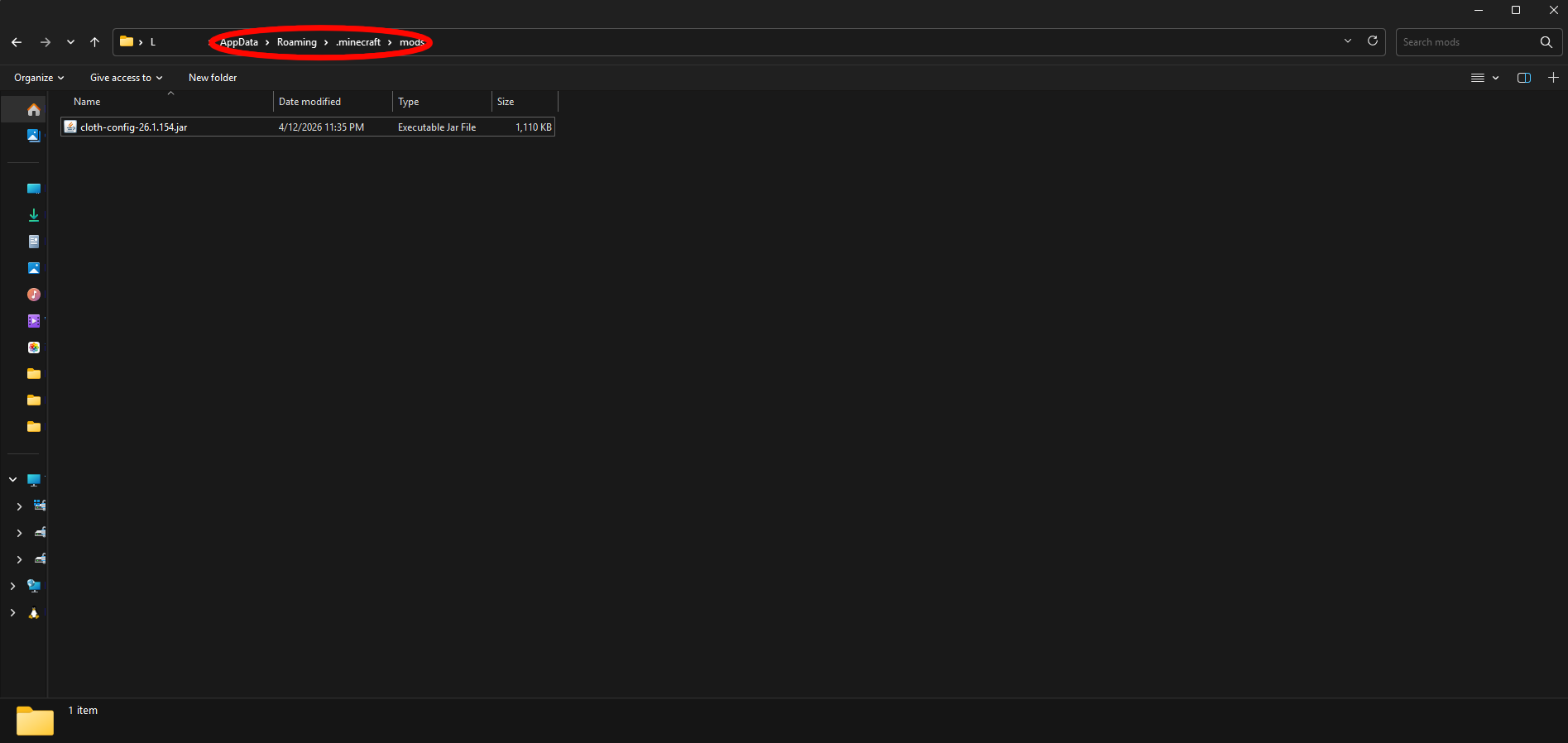 Cloth Config jar placed in the mods folder
