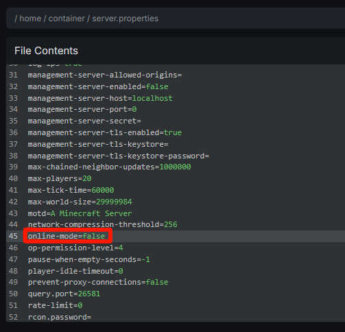 server.properties file showing online-mode=false
