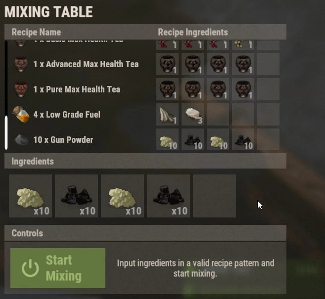 Mixing table recipe for gunpowder