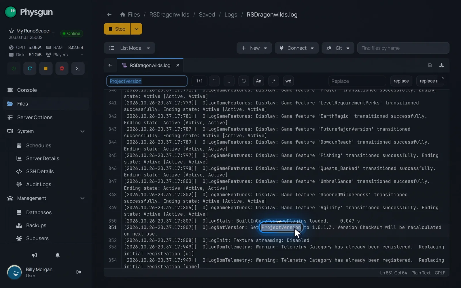 The server log with the line Set ProjectVersion to 1.0.1.3 highlighted