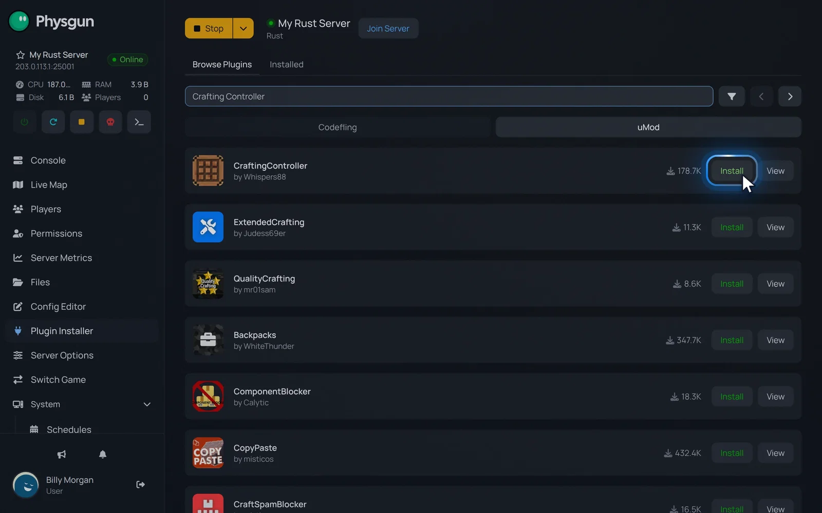 The plugin search results with the Install button on the CraftingController card