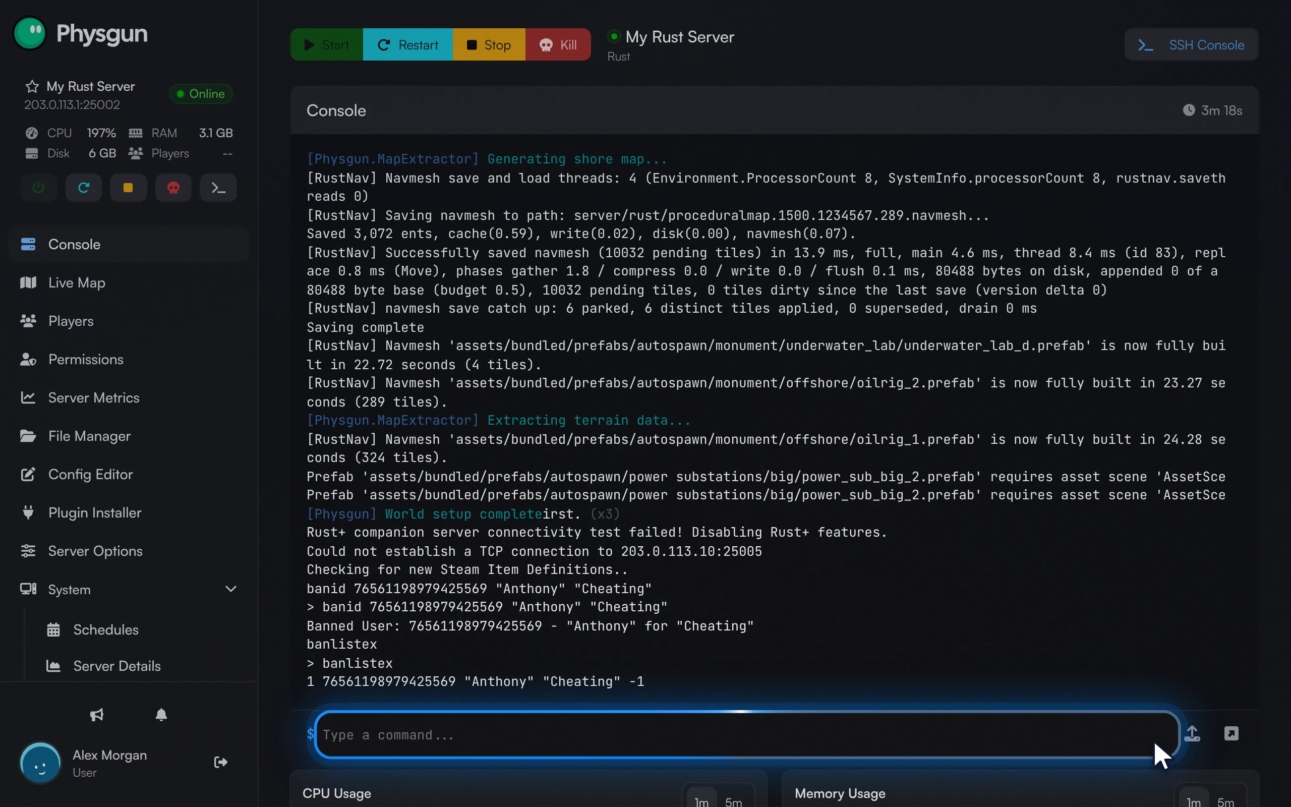 The console showing the banid confirmation and the banlistex output listing Anthony banned for Cheating