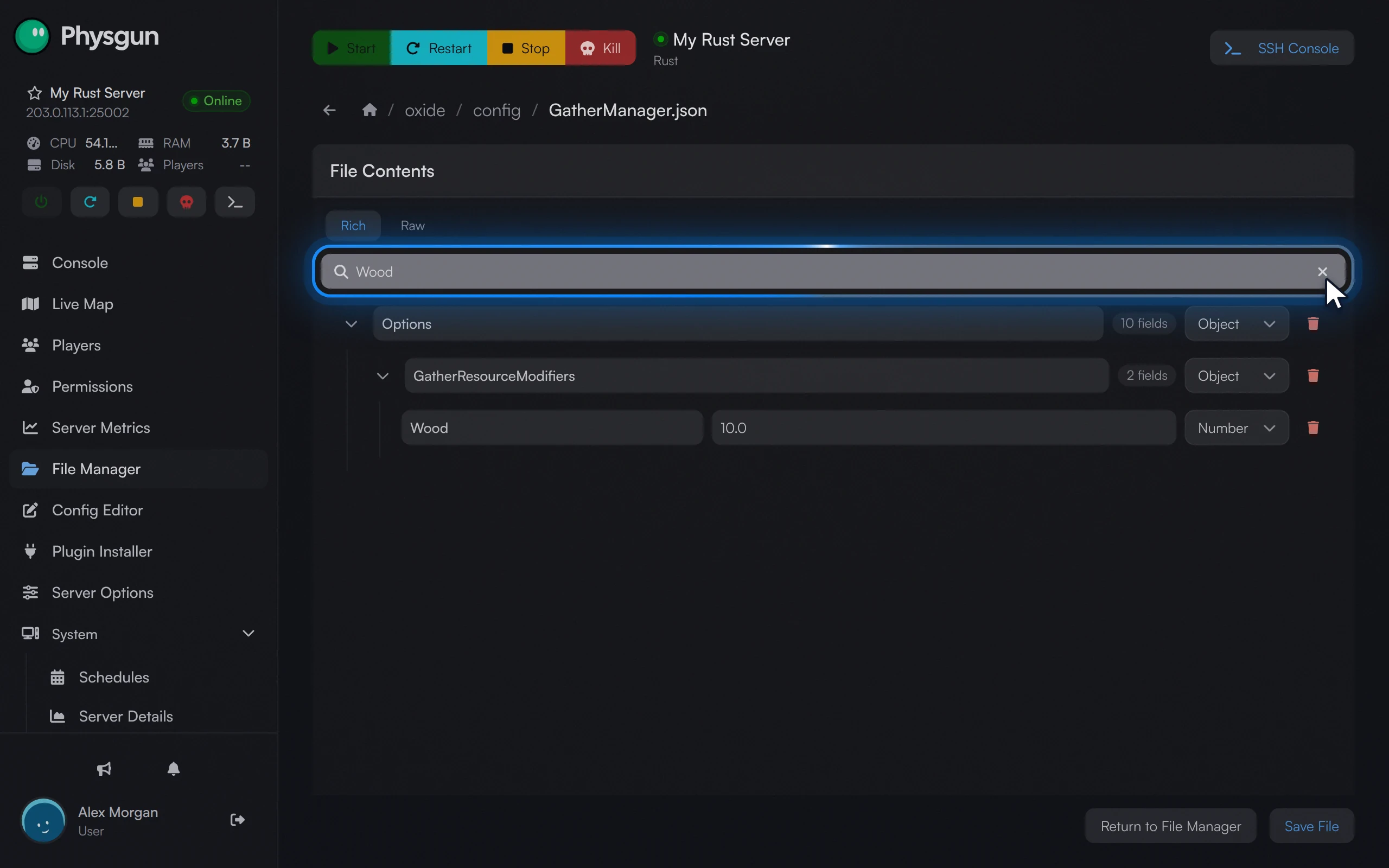 GatherManager.json open in the file editor, filtered to the Wood rate of 10 under GatherResourceModifiers