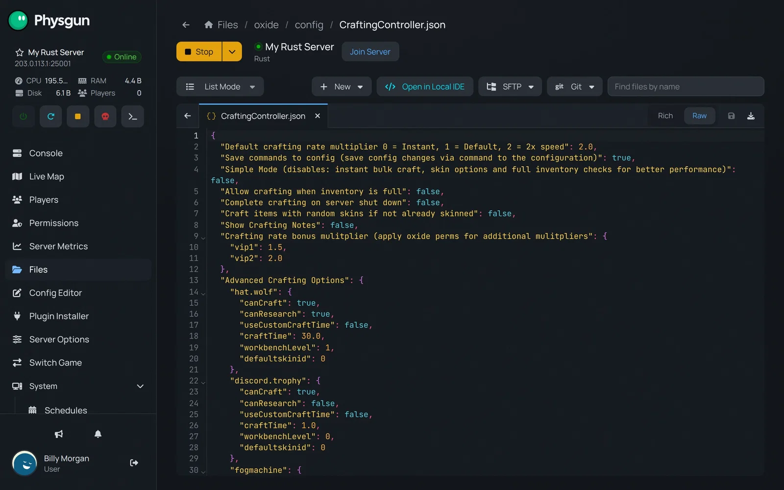 CraftingController.json open in the file manager, with the crafting rate multiplier set to 2.0 on the first line