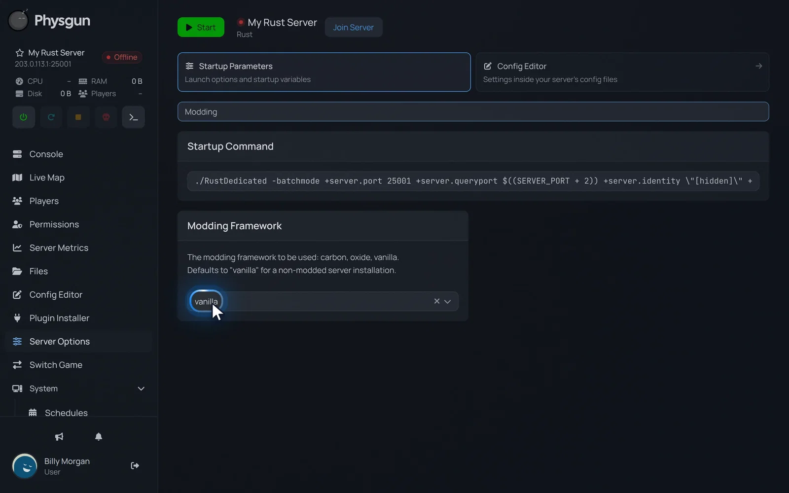 The Modding Framework box on the Server Options page, showing vanilla