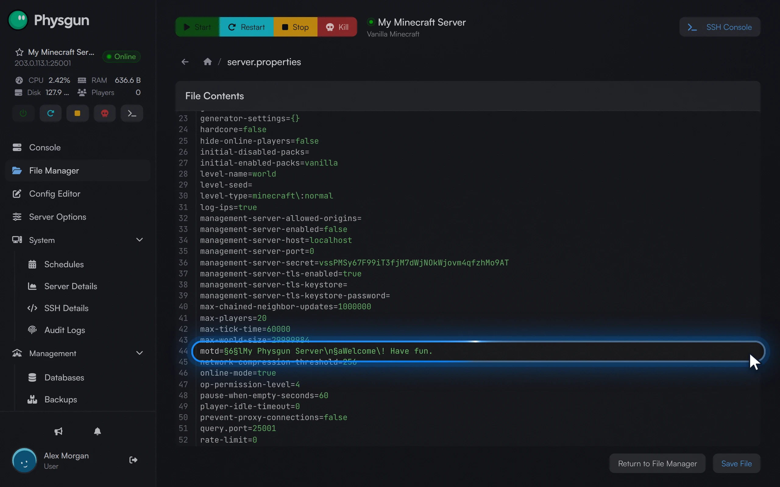The motd line in server.properties, holding the new message with its color codes